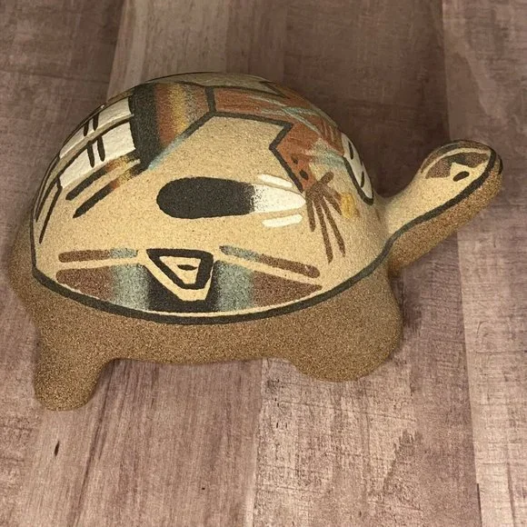 Vtg 80s Native Sand Art Painting Turtle Tortoise w Yei Figure Southwest 6” L - Picture 3 of 16